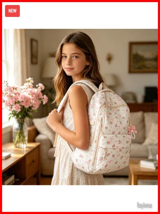 Cute Floral Bow Backpack for Women - Preppy Lightweight Laptop Bookbag, main image 4